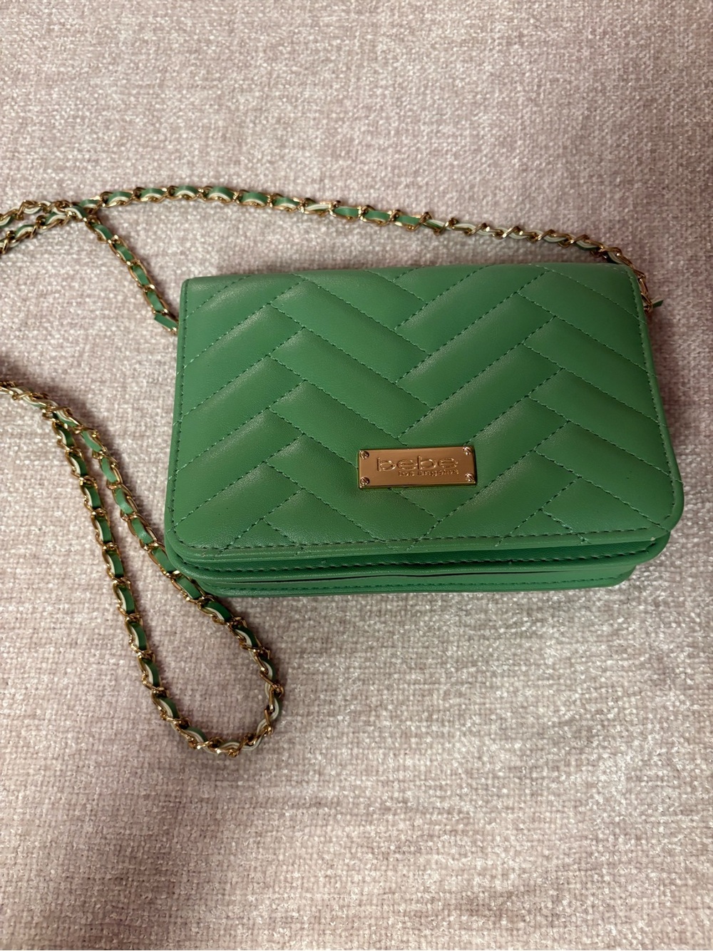 bebe Quilted Green Crossbody with Gold Chain